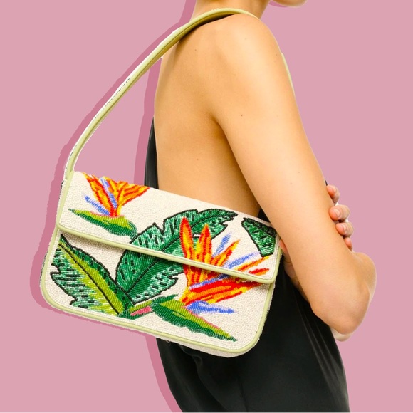 STAUD Handbags - Staud Bird of Paradise Beaded Shoulder Bag Bead White Green Tropical Floral